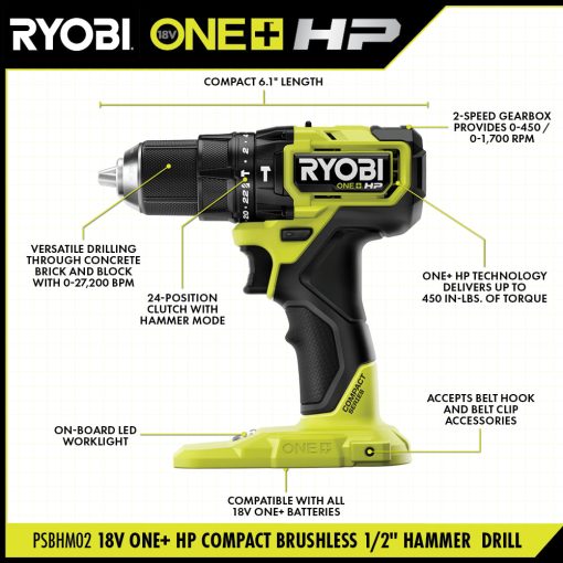 18V ONE+ HP COMPACT BRUSHLESS 1/2" HAMMER DRILL - Image 2