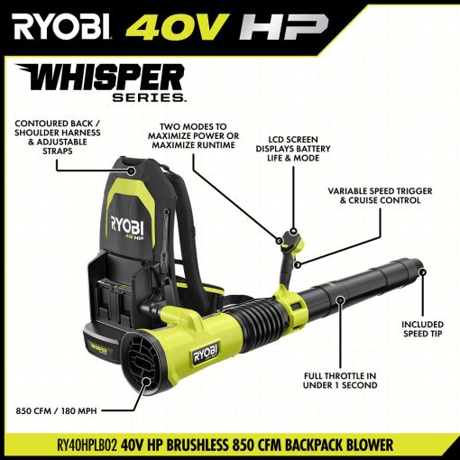 40V HP Brushless 850 CFM Backpack Blower Kit - Image 3