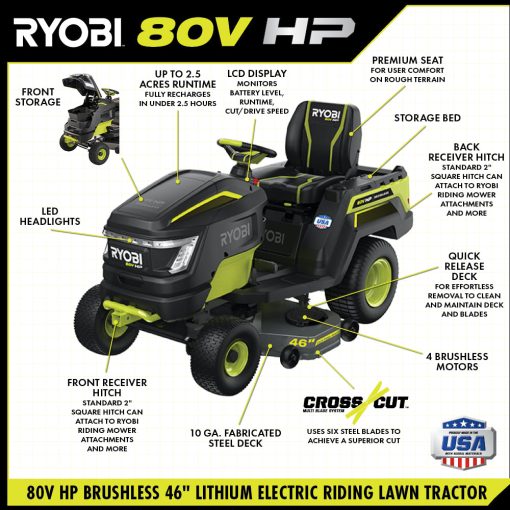 80V HP BRUSHLESS 46" BATTERY CORDLESS ELECTRIC RIDING LAWN TRACTOR KIT - Image 4