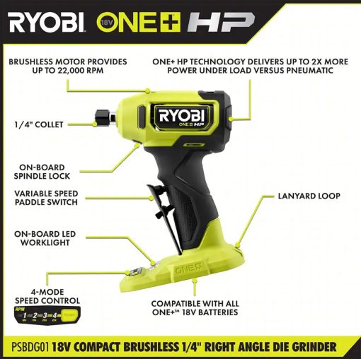18V ONE+ HP COMPACT BRUSHLESS 1/4" RIGHT ANGLE DIE GRINDER - Image 3