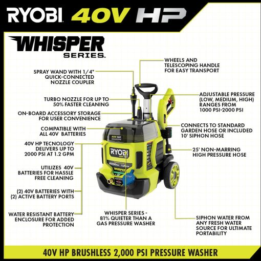 40V HP BRUSHLESS WHISPER SERIES 2000 PSI PRESSURE WASHER - Image 4